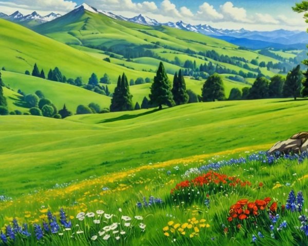Vibrant Landscape with Green Hills and Wildflowers