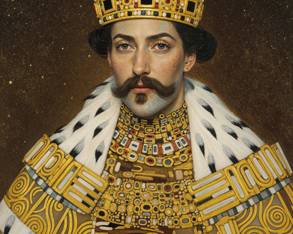 Regal Figure in Gold Crown and Ornate Robe