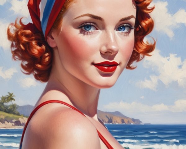 Woman in Striped Swimsuit at Sunny Beach Setting