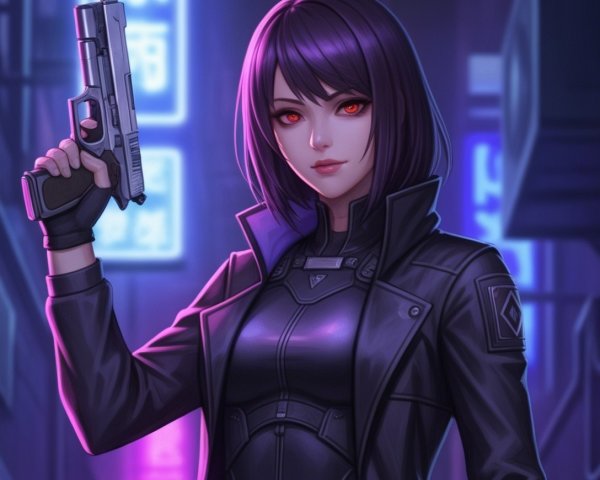Fierce Female Character in Neon-Lit Cyberpunk Setting