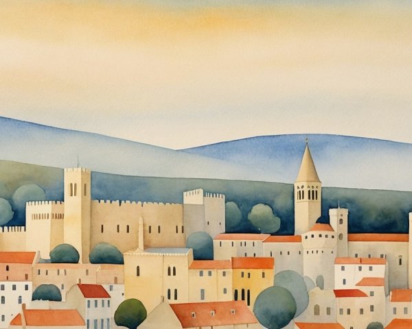 Watercolor Painting of a Medieval Town Landscape