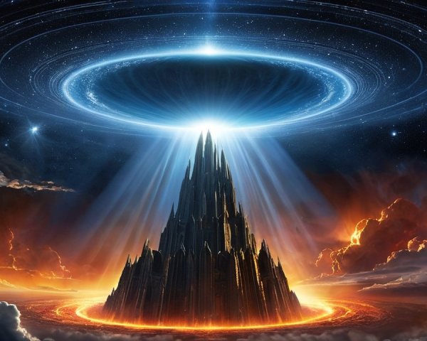 Majestic Mountain Surrounded by Cosmic Vortex and Clouds