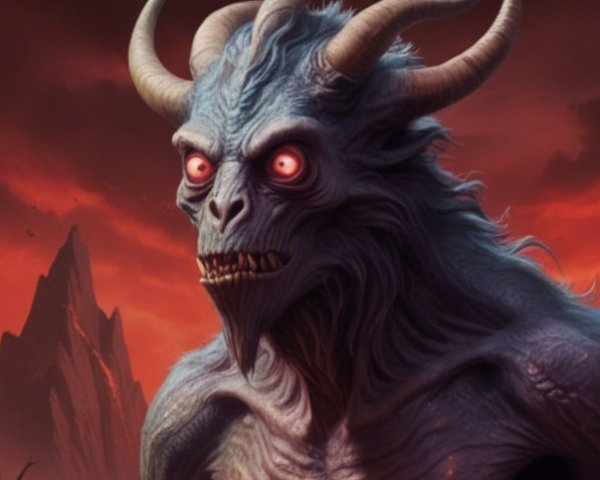 Monstrous Creature in Hellish Landscape with Red Sky