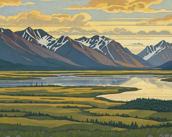 Majestic Snow-Capped Mountains and Tranquil River Landscape
