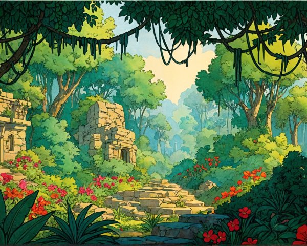 Vibrant Jungle Scene with Ancient Stone Ruins