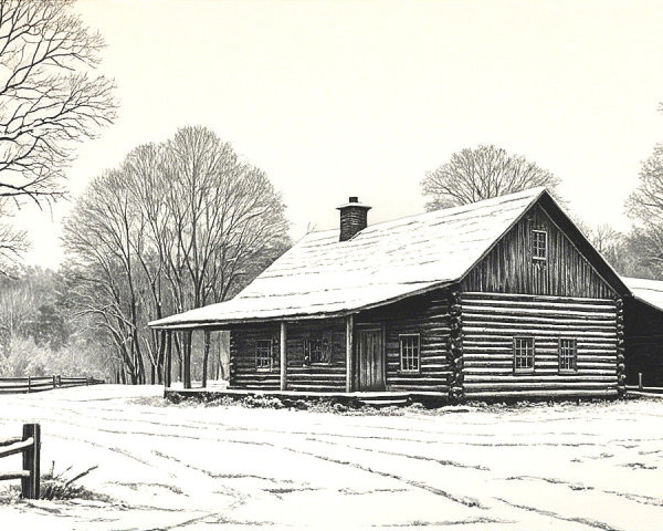 Winter Landscape with Log Cabin and Snowy Trees