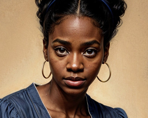 Portrait of a young woman with dark curly hair and headband