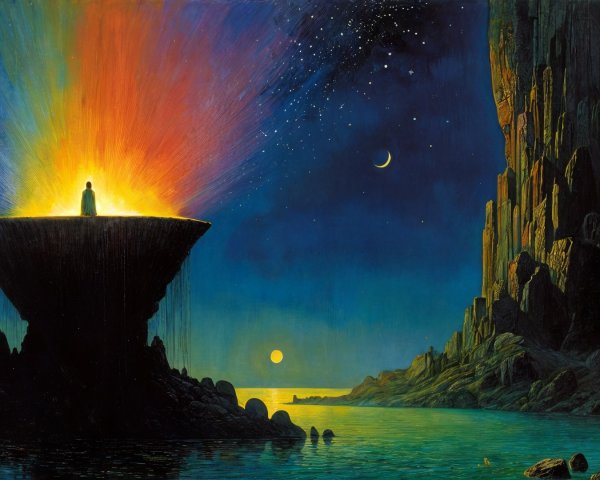 Surreal Landscape with Colorful Eruption and Moon
