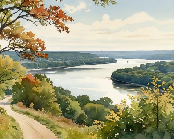 Serene Landscape with Winding River and Autumn Hues