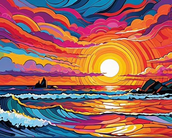 Vibrant Sunset Over Dynamic Ocean Scene with Bold Colors