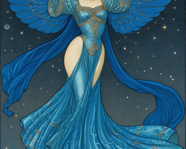 Celestial Figure in Blue Gown with Majestic Wings