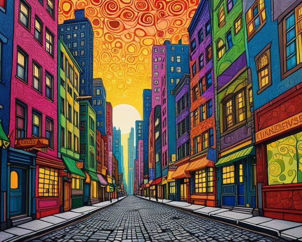 Vibrant Urban Street Scene with Colorful Buildings
