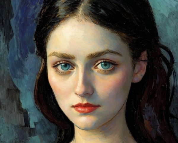 Portrait of a Young Woman with Blue Eyes and Dark Hair