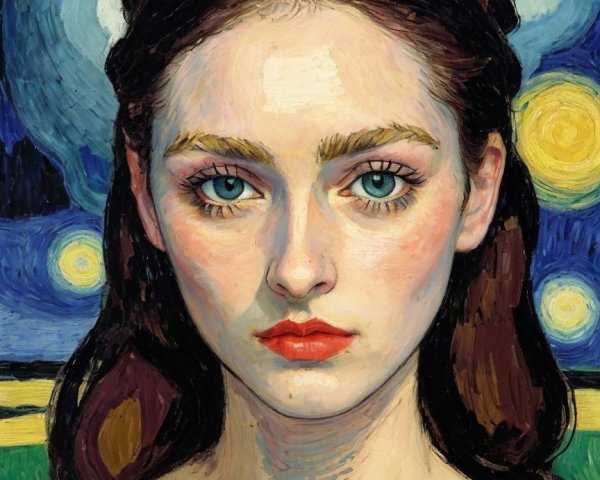 Portrait of a Young Woman with Blue Eyes and Night Sky