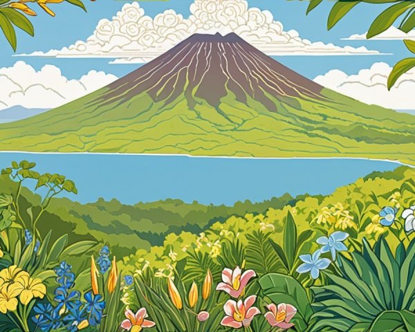 Vibrant Landscape with Volcano and Serene Lake
