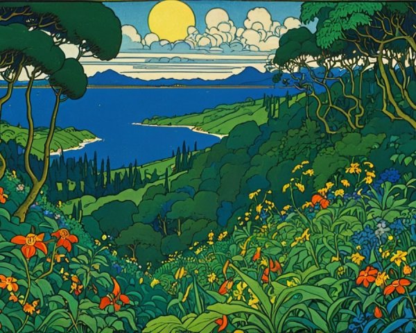 Vibrant Landscape with Water, Hills, and Sunlight