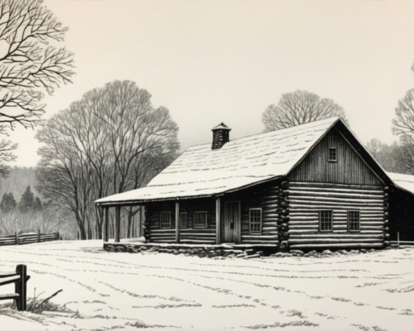 Rustic Log Cabin in a Serene Winter Landscape