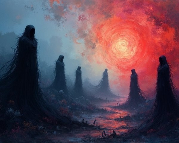 Surreal Landscape with Eerie Figures and Dramatic Sky