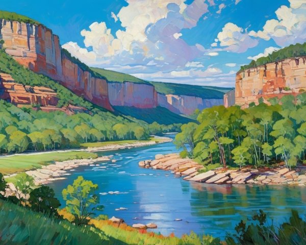 Vibrant landscape with winding river and cliffs