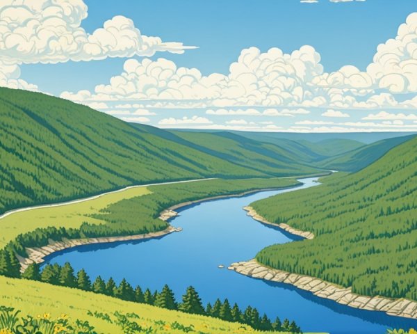 Serene Landscape with Rolling Hills and Winding River