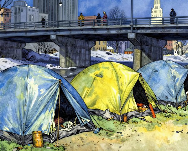 Vibrantly Colored Tents by a River and Snowy Landscape