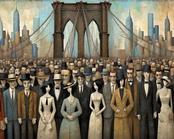 Crowd in Early 20th Century Cityscape Painting