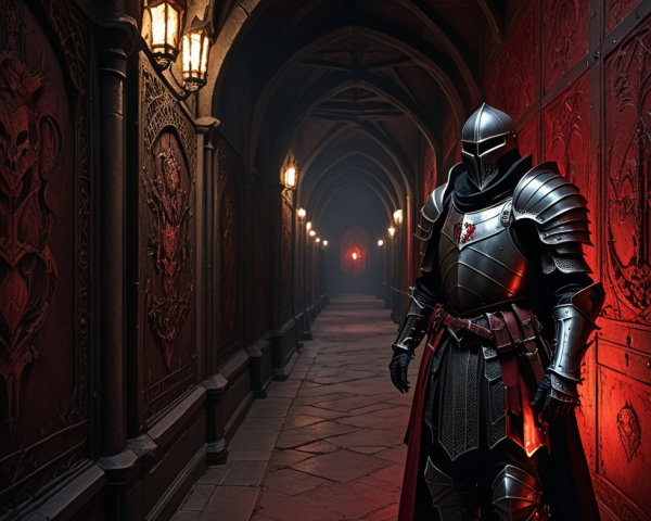 Medieval Knight in Dimly Lit Corridor with Armor