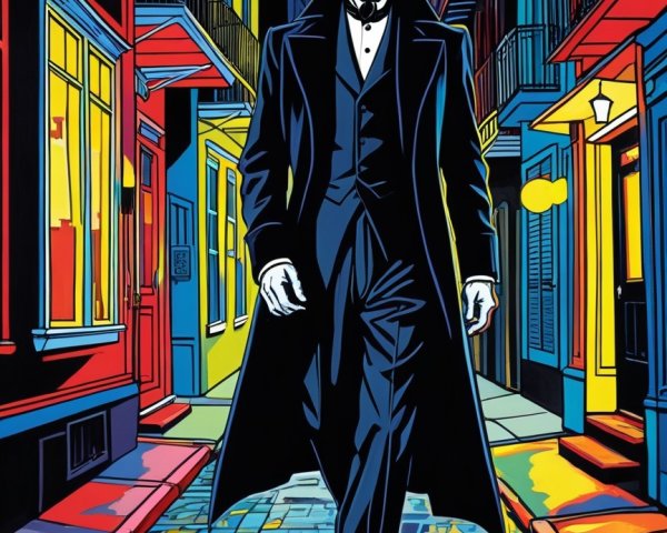 Dracula in Black Coat Walking Down Colorful Night Street
