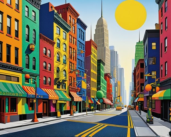 Vibrant City Street with Colorful Buildings and Shops
