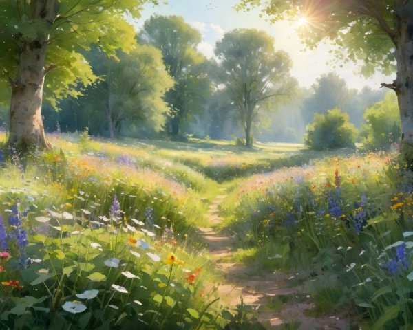 Serene Landscape with Sunlit Path and Wildflowers