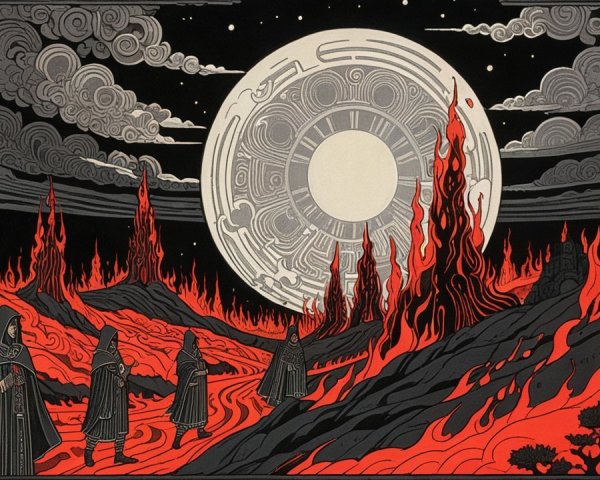 Surreal Landscape with Cloaked Figures and Dramatic Sky