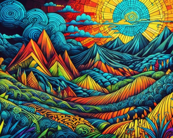 Vibrant Landscape with Geometric Sun and Bold Colors