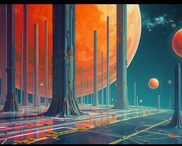 Futuristic Landscape with Metallic Structures and Celestials