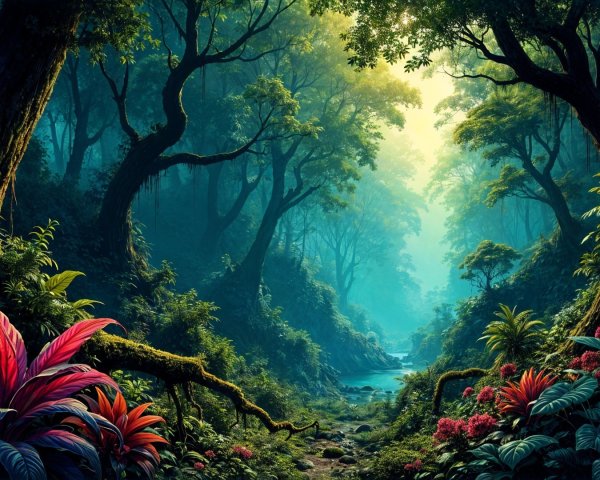 Enchanting Forest Scene with Golden Light and Stream