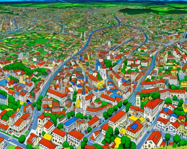 Aerial View of a Colorful Cityscape with Landmarks