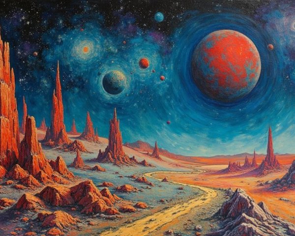 Vibrant Alien Landscape with Red Rock Formations