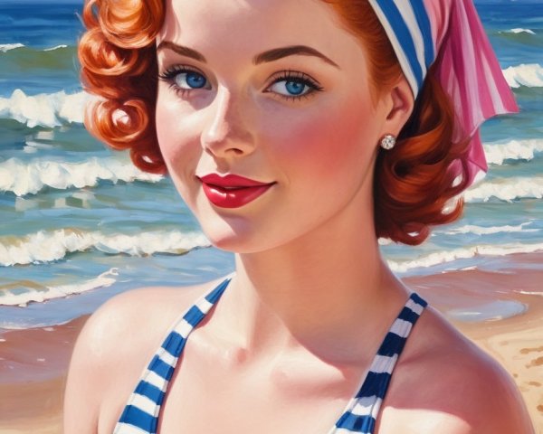 Vintage Beach Style with Red Curls and Blue Eyes