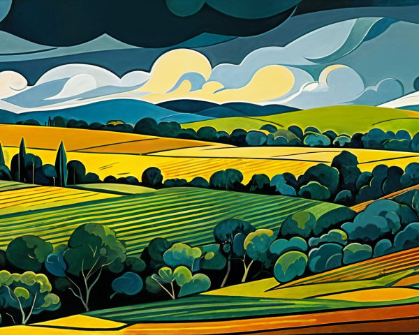 Vibrant Landscape with Rolling Hills and Dramatic Clouds