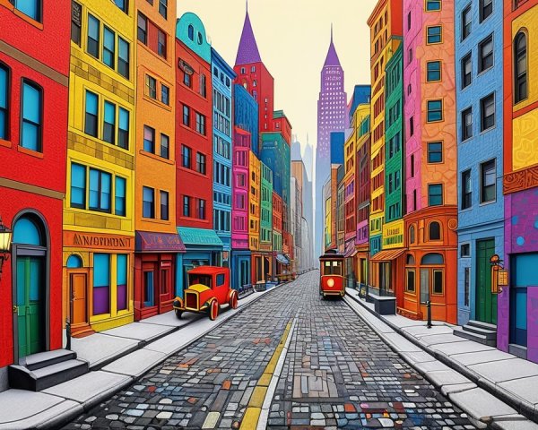 Vibrant City Street Scene with Colorful Buildings