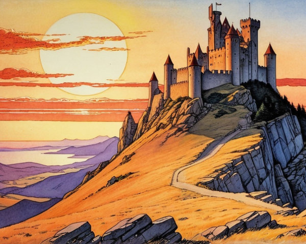 Castle on Rocky Hill with Sunset and Scenic Landscape