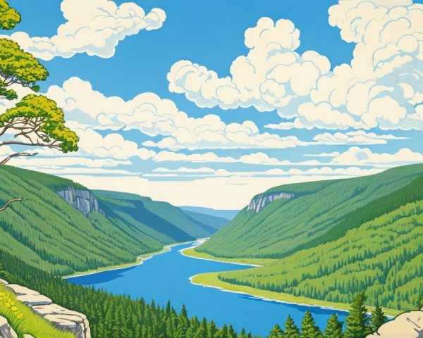 Vibrant Landscape with River and Lush Green Hills