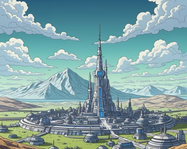 Futuristic cityscape with mountains and blue sky