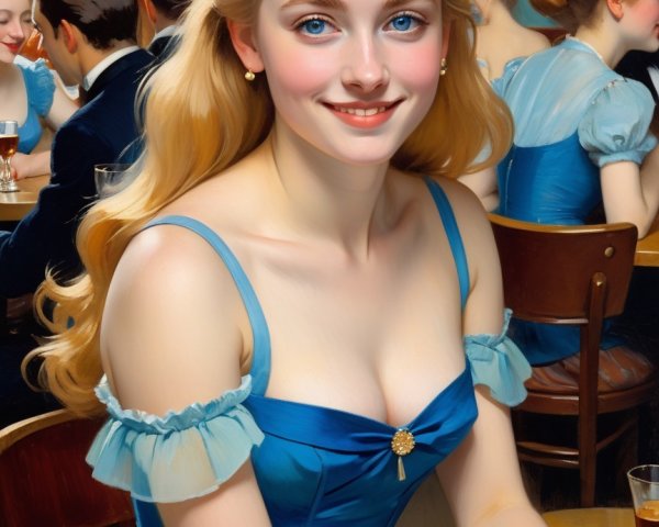 Young woman in blue dress at lively café setting