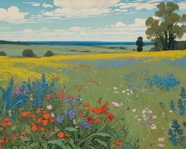 Vibrant Wildflower Meadow with Rolling Hills and Trees
