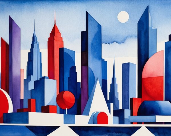 Vibrant Cityscape with Geometric Shapes and Colors