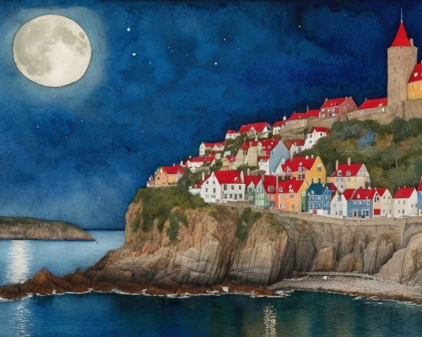 Coastal Village at Night with Full Moon and Tower