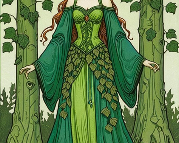 Ethereal Woman in Green Garments Amidst Nature