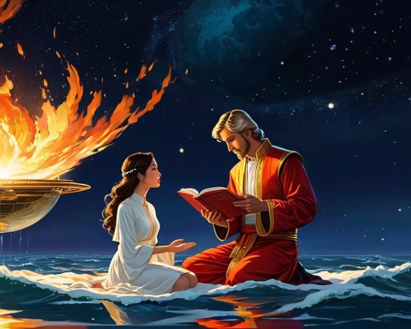 Cosmic Landscape with Figures in Serene Waters