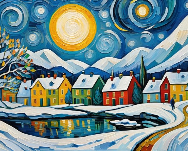 Expressionist Oil Painting of a Vibrant Winter Village
