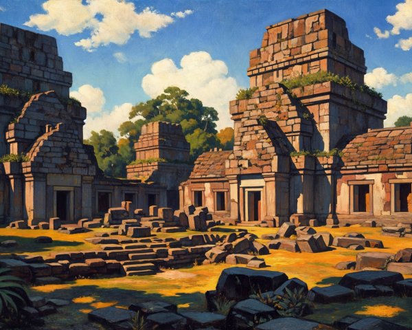 Ancient temple complex with stone structures and greenery